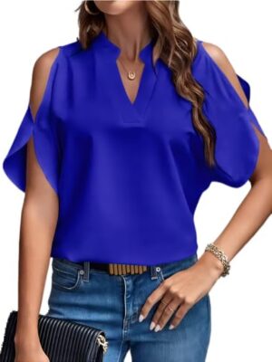 Women's Cold Shoulder Tops Summer Fashion Short Sleeve V Neck Casual Loose Solid Color Blouse Shirts