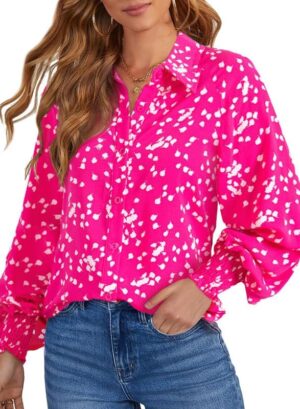 Women's Casual V Neck Allover Floral Print Long Sleeve Chiffon Button Down Blouses Bohemian Top Shirts