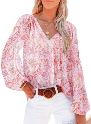 Women's Casual Boho Floral Print V Neck Long Sleeve T Shirt Blouses