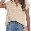 Women White Button Down Shirt Dressy Casual Work Tops Chiffon Blouse Summer Short Sleeve Shirts