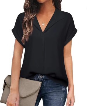 Women's Bat Wing V Neck Short Sleeve Chiffon Blouses for Office Work Business Attire Collared Casual Summer Shirts