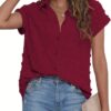 Women White Button Down Shirt Dressy Casual Work Tops Chiffon Blouse Summer Short Sleeve Shirts