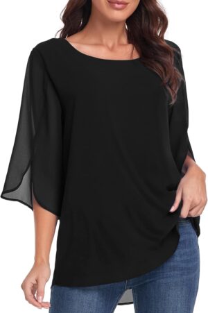 Womens Tops Dressy Casual Summer Chiffon Blouse 3/4 Sleeve Loose Mesh Tunic Shirts