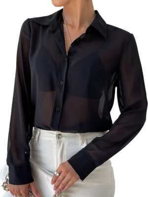 Women's Sheer Mesh Button Up Shirt Long Sleeve See Through Blouse