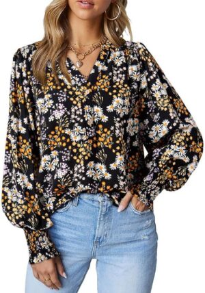 Women's Casual V Neck Easel Floral Print Long Sleeve Blouses Smocked Button Down Shirts Bohemian Top
