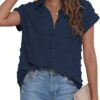 Women White Button Down Shirt Dressy Casual Work Tops Chiffon Blouse Summer Short Sleeve Shirts