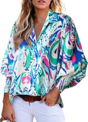 71CN1kH-pFL._AC_SL1500.jpg Women 2024 Loose V-Neck Shirts Paisley Print Lantern Sleeve Blouse Tops