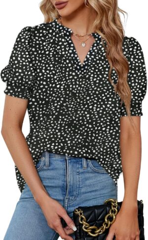 Womens Fashion Blouses Notched V Neck Puffer Short Sleeve Shirt Polka Dot Tops Chiffon Dressy Shirts