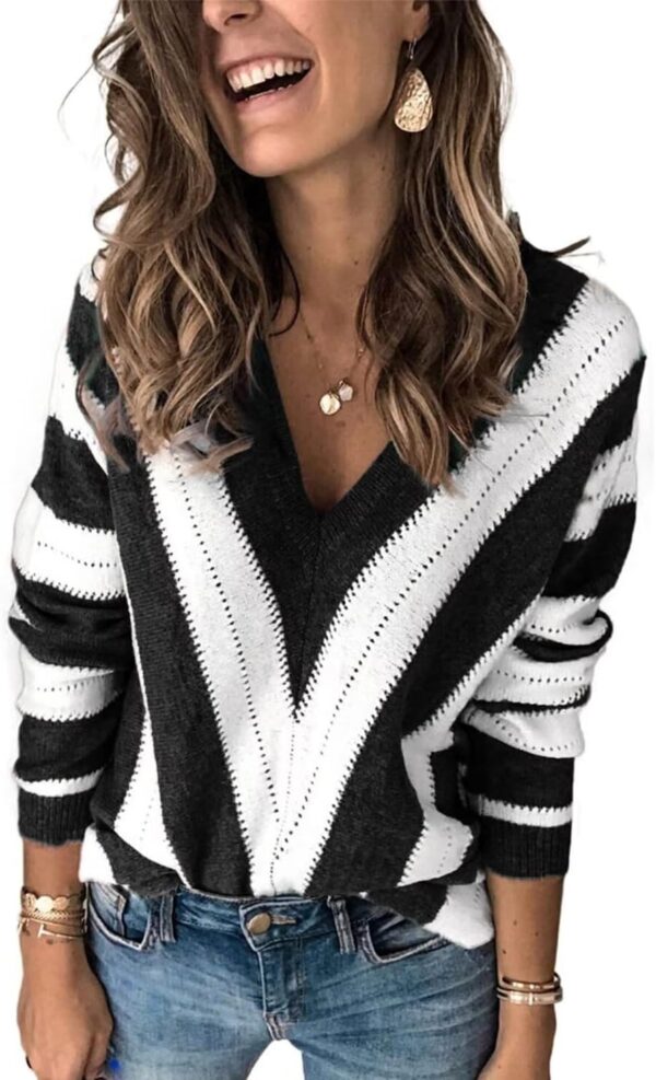 71JwxJh1euL._AC_SL1472.jpg Womens 2024 Deep V Neck Sweaters Striped Long Sleeve Knit Pullover Sweaters for Women