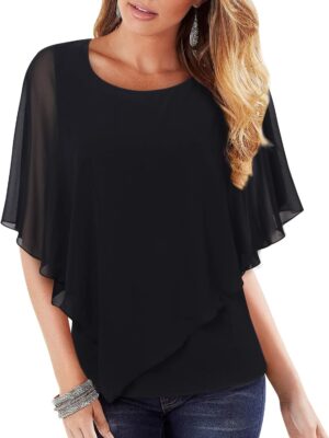 Women's Lightweight Flowy Shirt Double-Layered Printed Chiffon Poncho Blouse Top