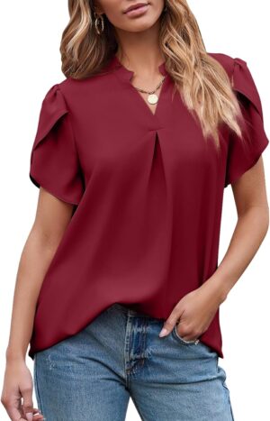Women's Dressy Casual Business Work Chiffon Blouses Tops Summer V Neck Cute Loose Petal Short Sleeve T-Shirts