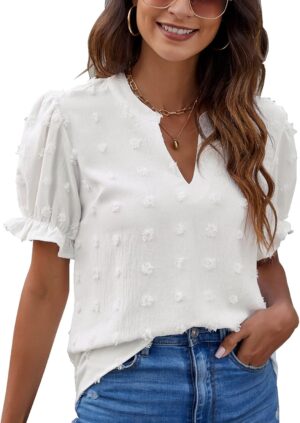 Womens Puff Sleeve Summer Tops Chiffon Short Sleeve Blouses White V Neck Pom Pom Shirts