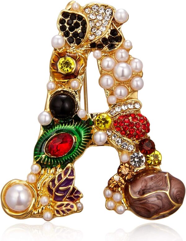 Crystal Pearl Initial Brooch Gold Plated Enamel Colorful Letter Alphabet Breastpin Pin for GIFTS