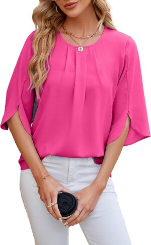 Women's Chiffon Blouse 3/4 Sleeve Crew Neck Loose Tops Casual Blouses Shirt