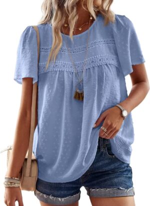 Womens Summer Tops Crewneck Short Sleeve Shirts Casual Chiffon Blouses Flowy Lace Hem Boho Clothing Trendy 2024