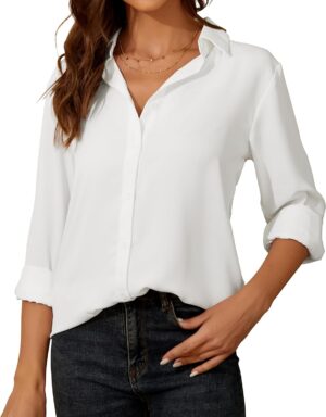 Womens Button Down Shirt Long Sleeve Classic Collared Tops Work Office Casual Chiffon Blouse