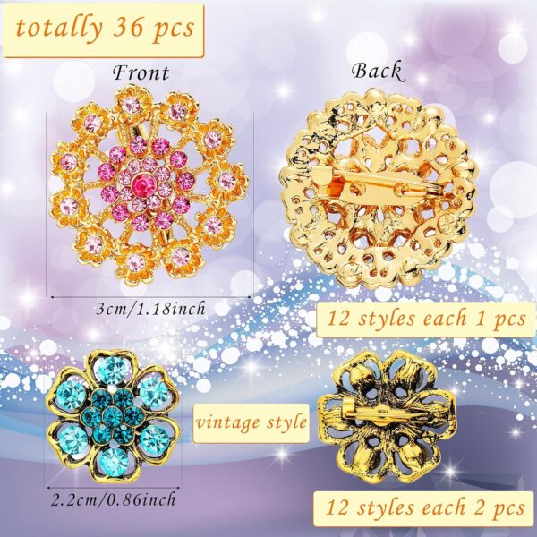 36 Pieces Brooches Jewelry for Women Mixed Color Rhinestone Flower Brooches Bulk Decorative Pins Costume Jewelry Pins Crystal Vintage Lapel Pins Wedding Bouquet Broaches Kit Crafts