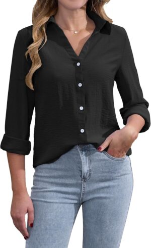 Womens Button Down Shirts Long Sleeve V Neck Collared Blouses Office Work Tops Chiffon Dressy Casual Shirts